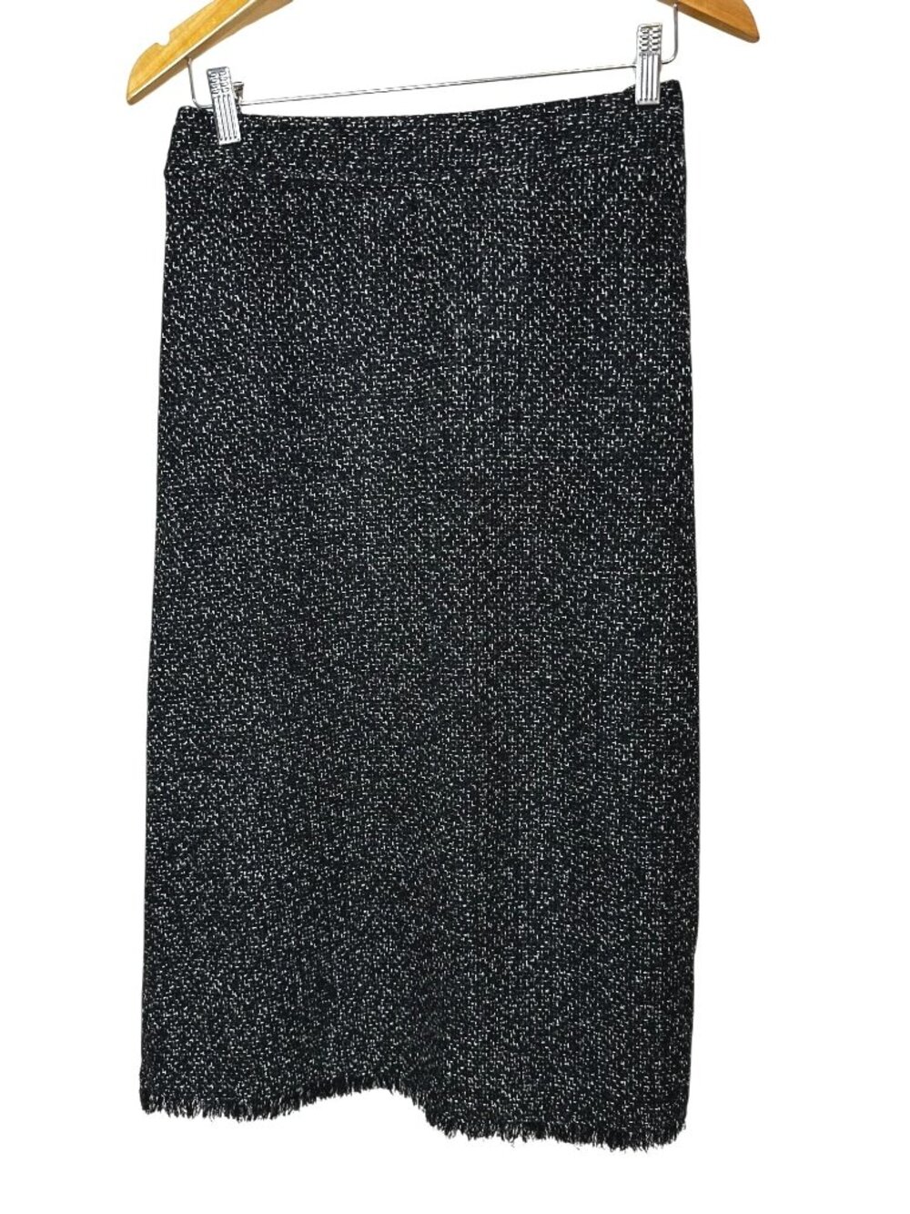 CHICO’S 2.5 14 Black Metallic Knit Tweed Bouclé A-Line Midi Skirt Fringe Hem Zip